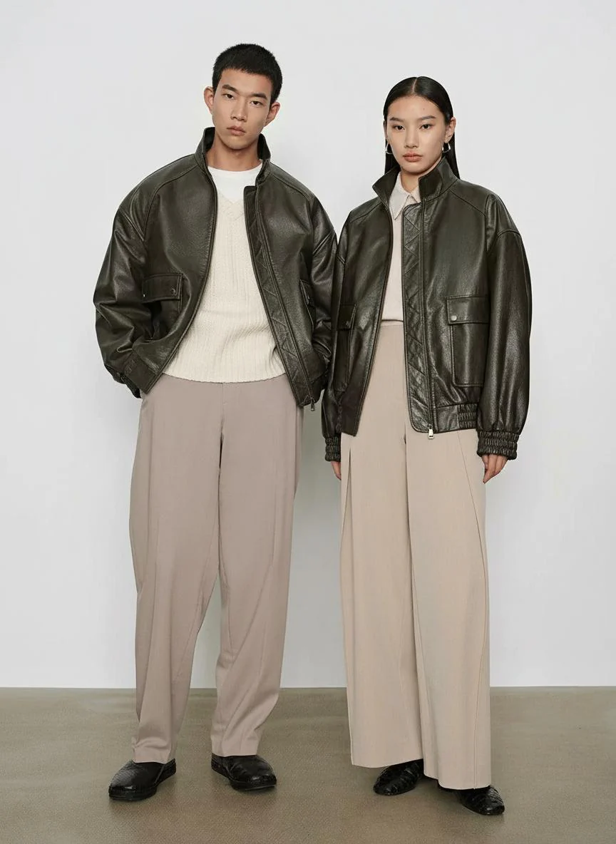 Leather Stand-Collar Bomber Jacket - Image 4