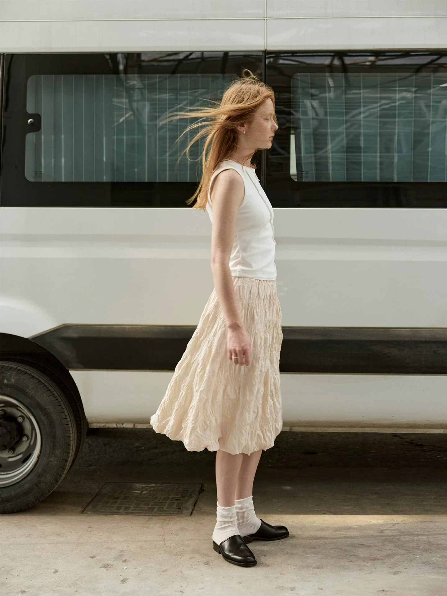 Light Beige Crinkled Bubble Midi Skirt