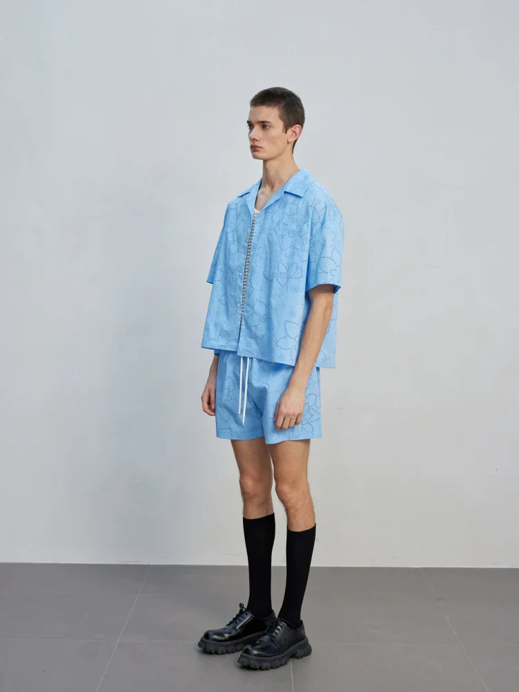 Light Blue Eyelet Camp-Collar Shirt - Image 3