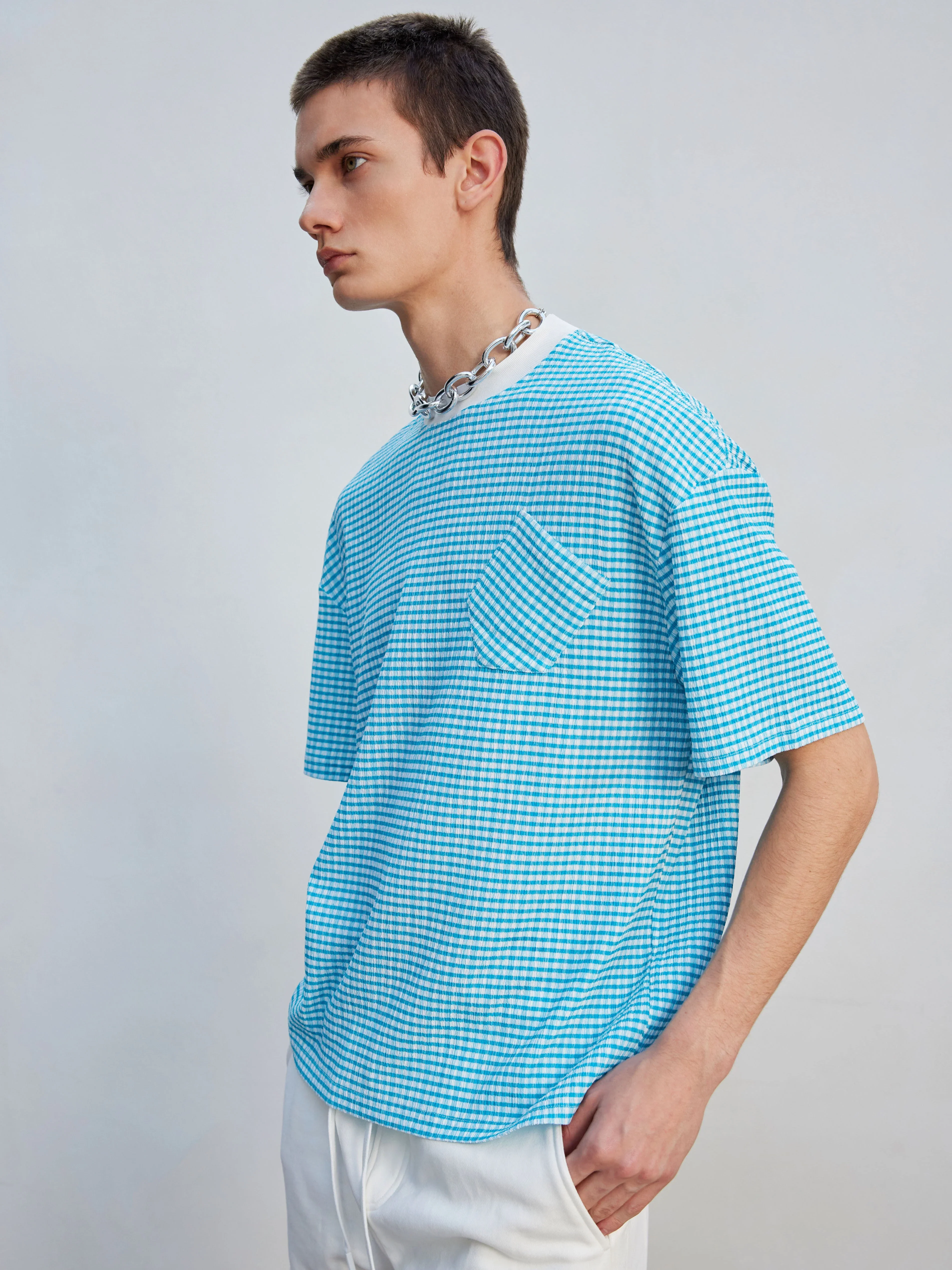 Light Blue Micro-Gingham Oversized Tee - Image 3
