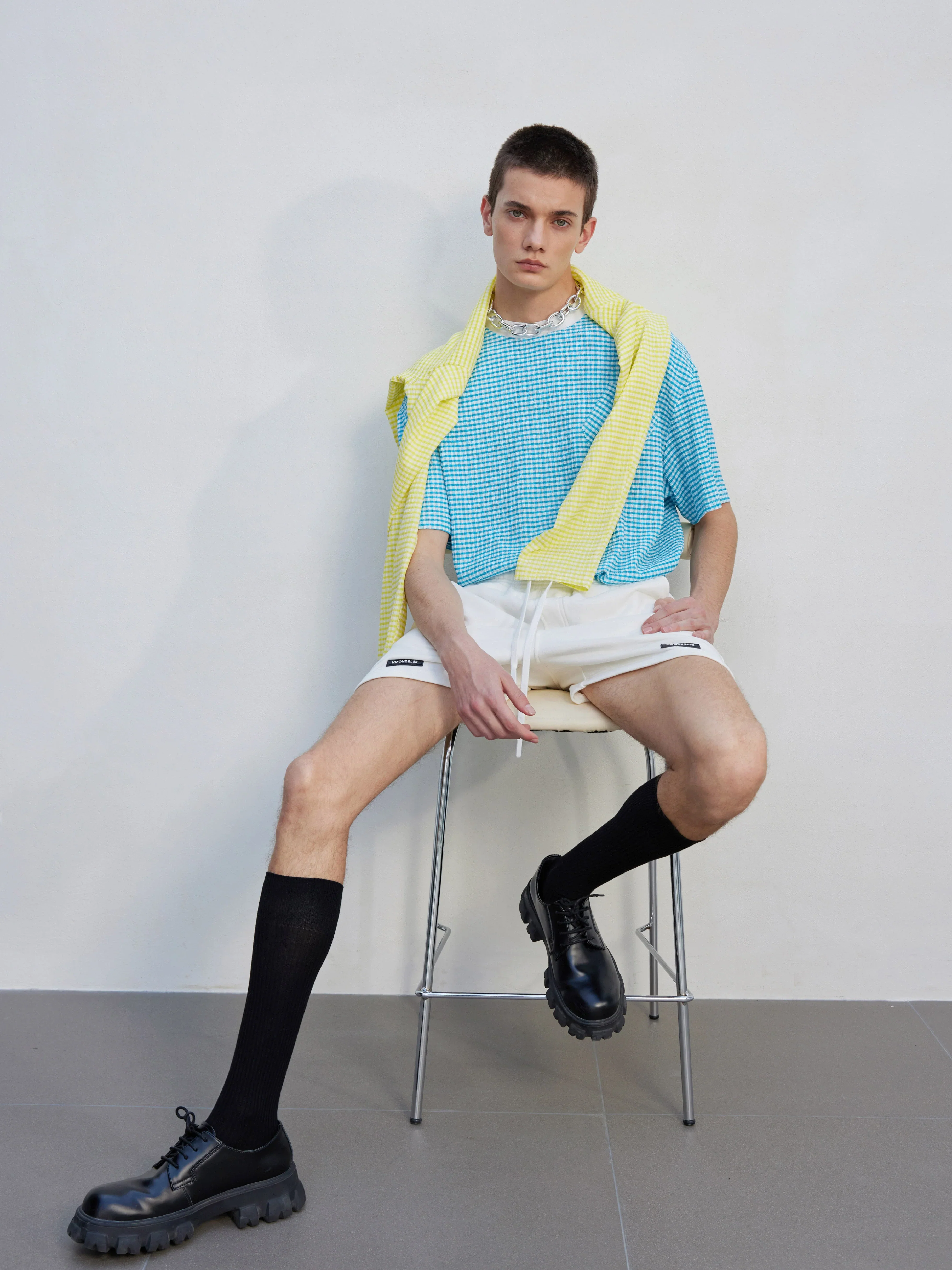 Light Blue Micro-Gingham Oversized Tee - Image 4