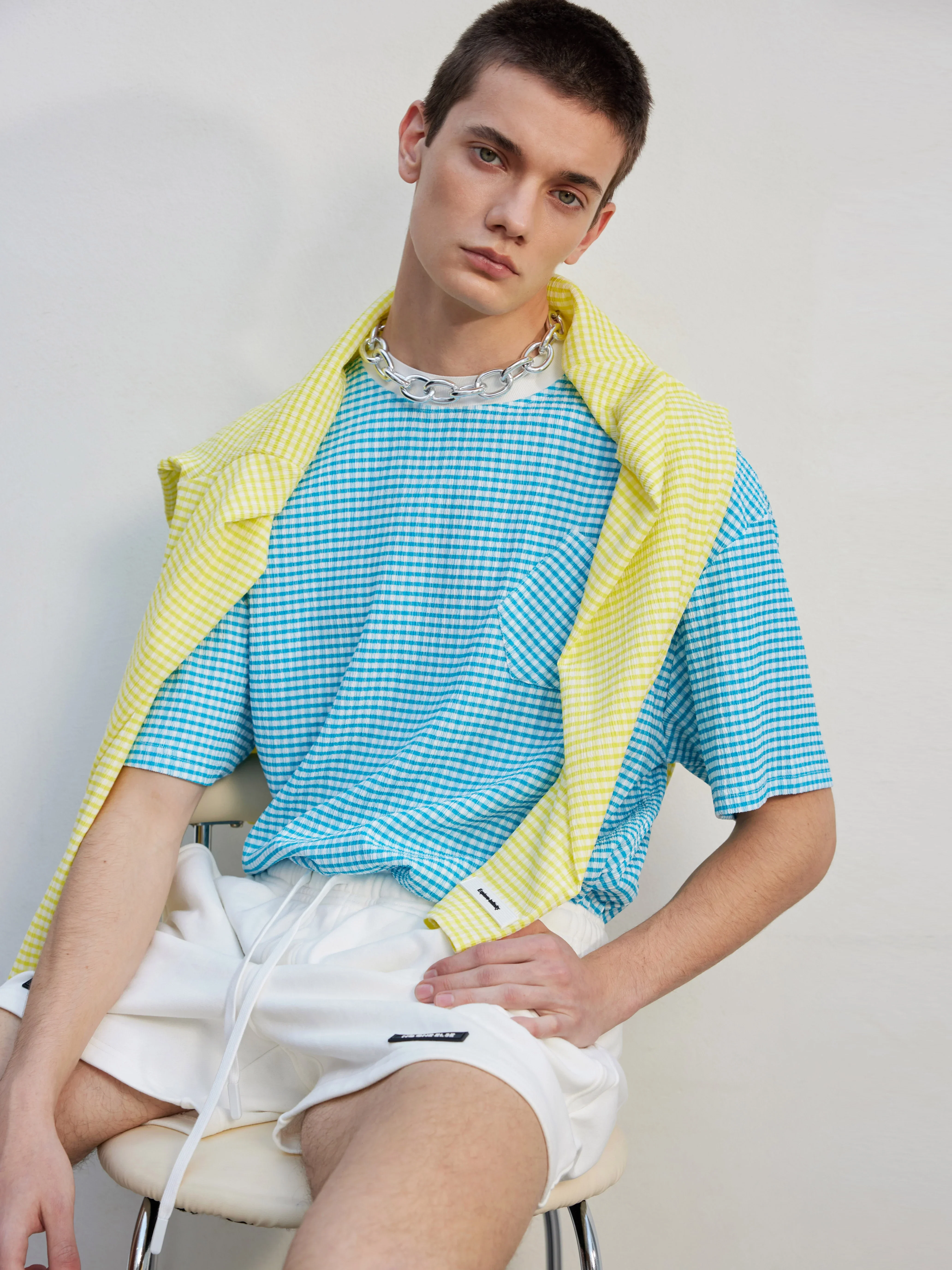 Light Blue Micro-Gingham Oversized Tee - Image 5