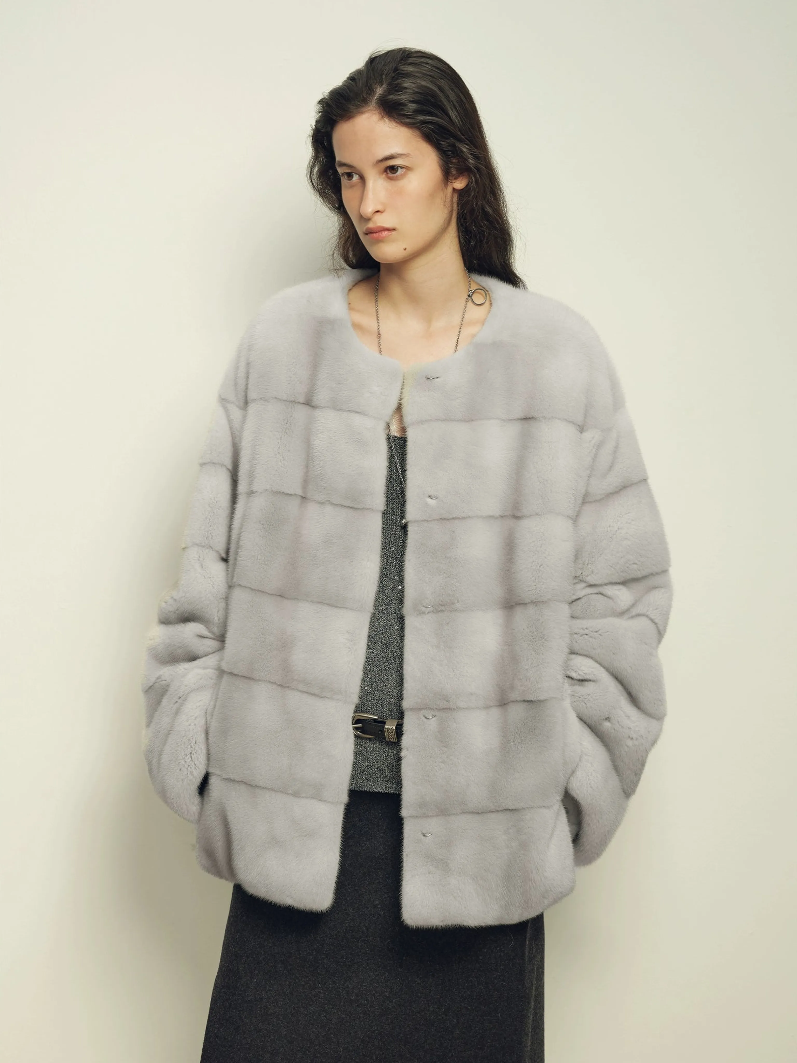 Light Grey Velvet Mink Jacket - Image 10