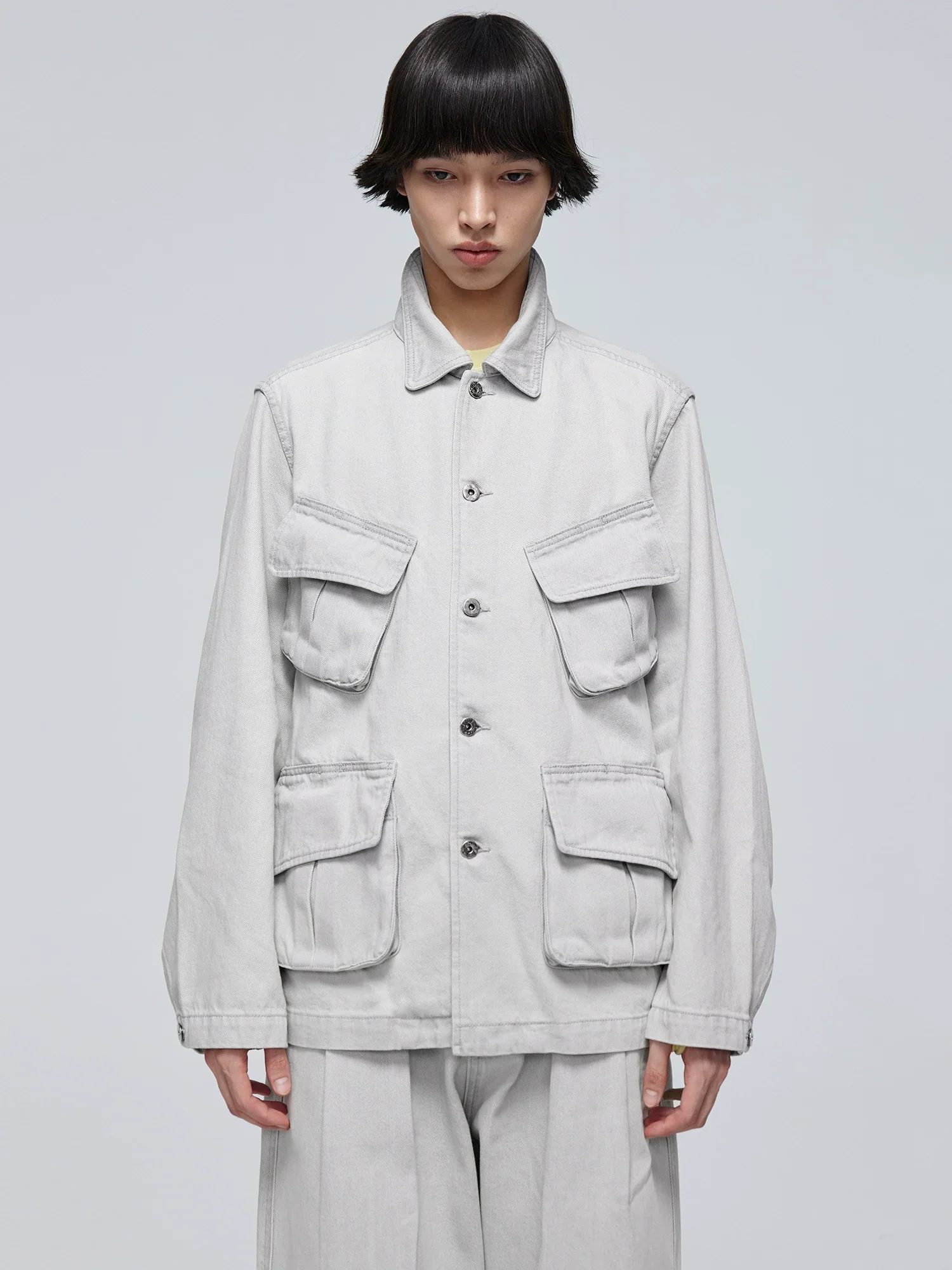 Light Grey Washed Utility Denim Jacket - Image 2