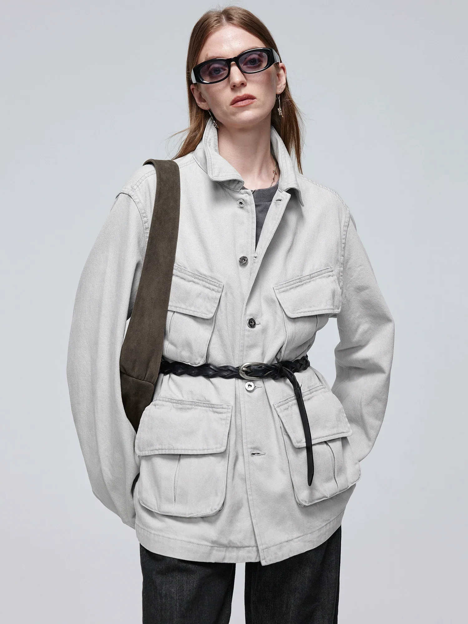 Light Grey Washed Utility Denim Jacket - Image 3