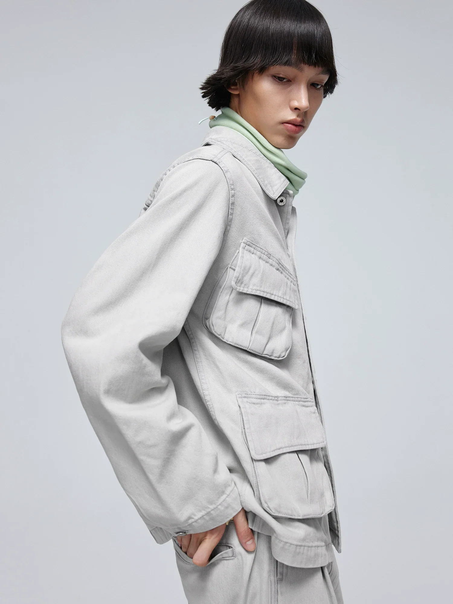 Light Grey Washed Utility Denim Jacket - Image 5
