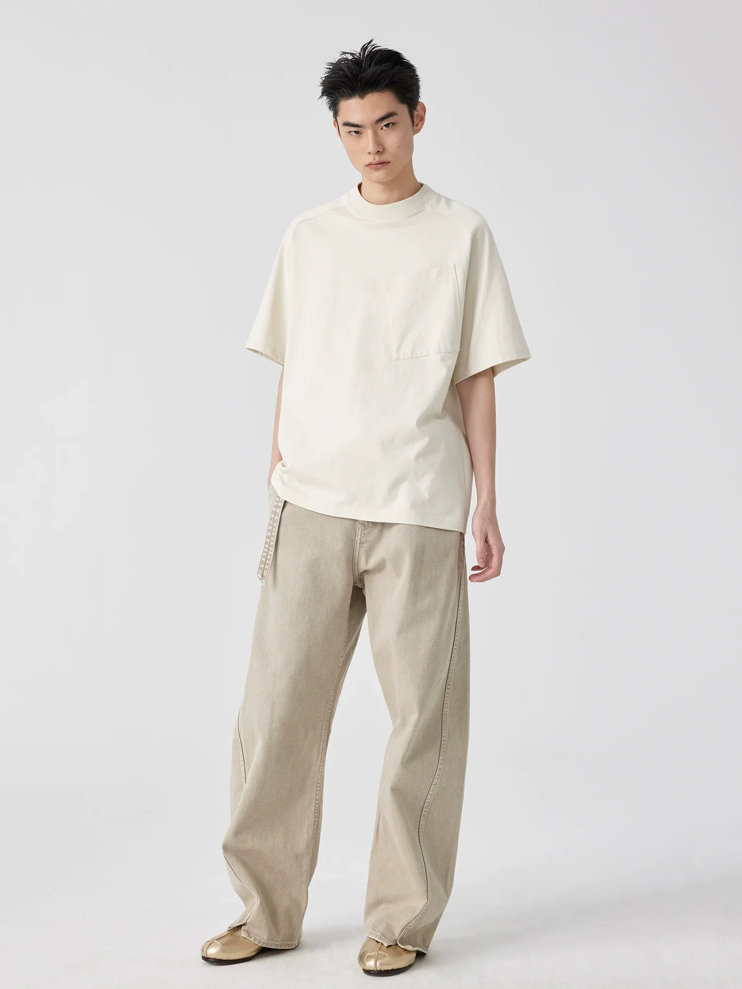 Light Khaki Garment-Dyed Curved-Seam Jeans - Image 2