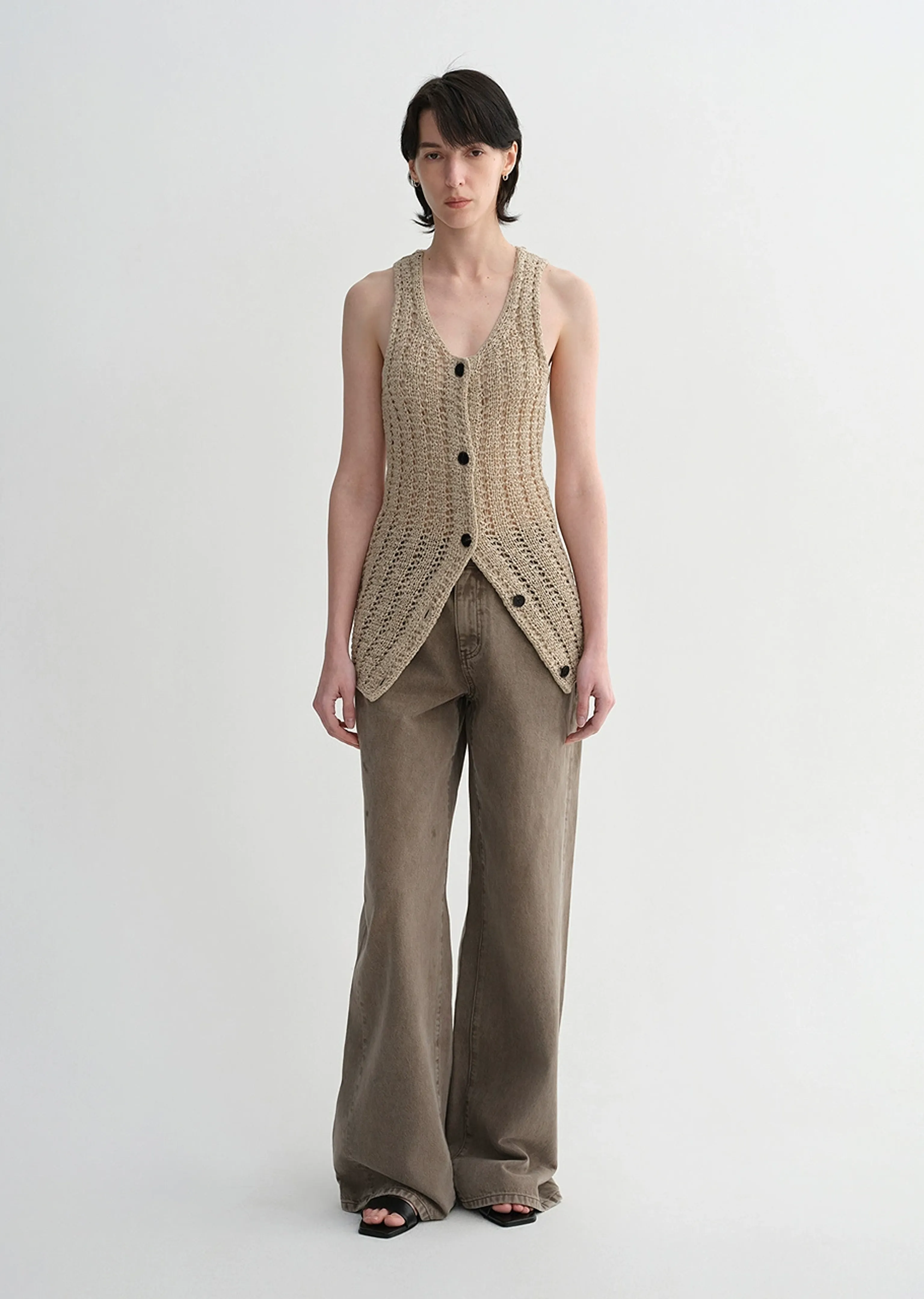 Linen-Blend Open-Knit Long Vest