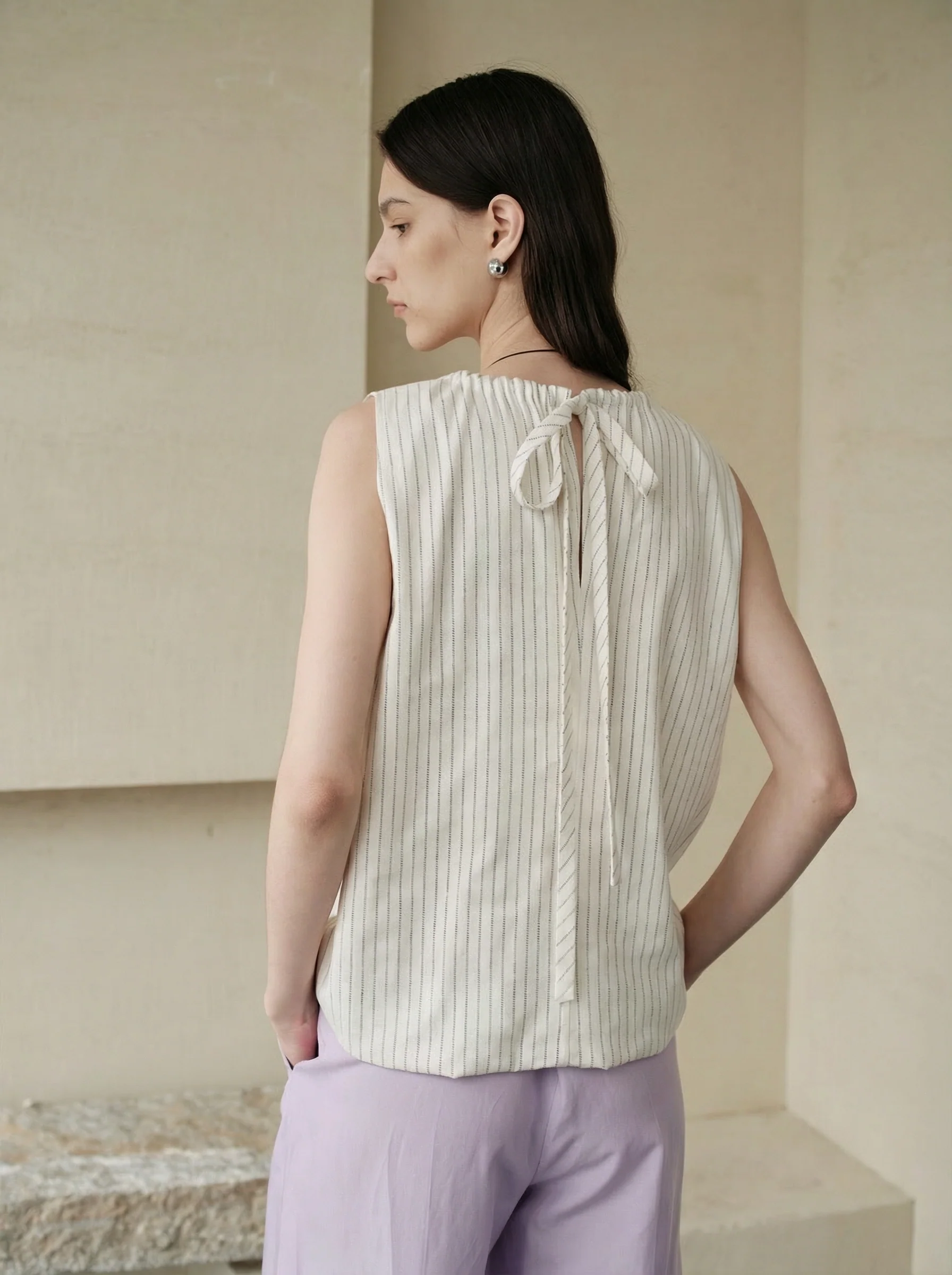 Linen-Blend Pinstripe Tie-Neck Top