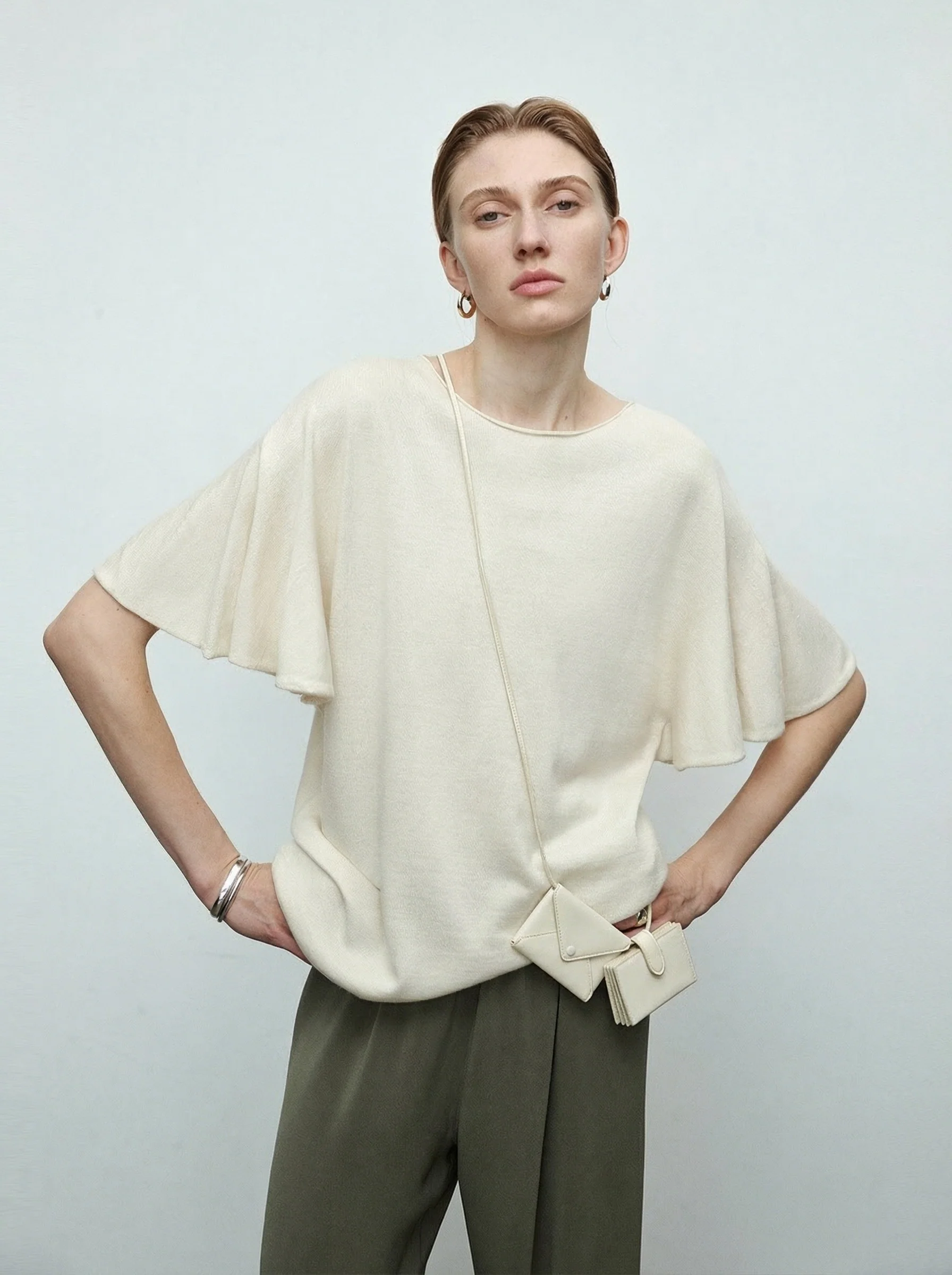Linen-Cashmere Flutter-Sleeve Knit Top - Image 3
