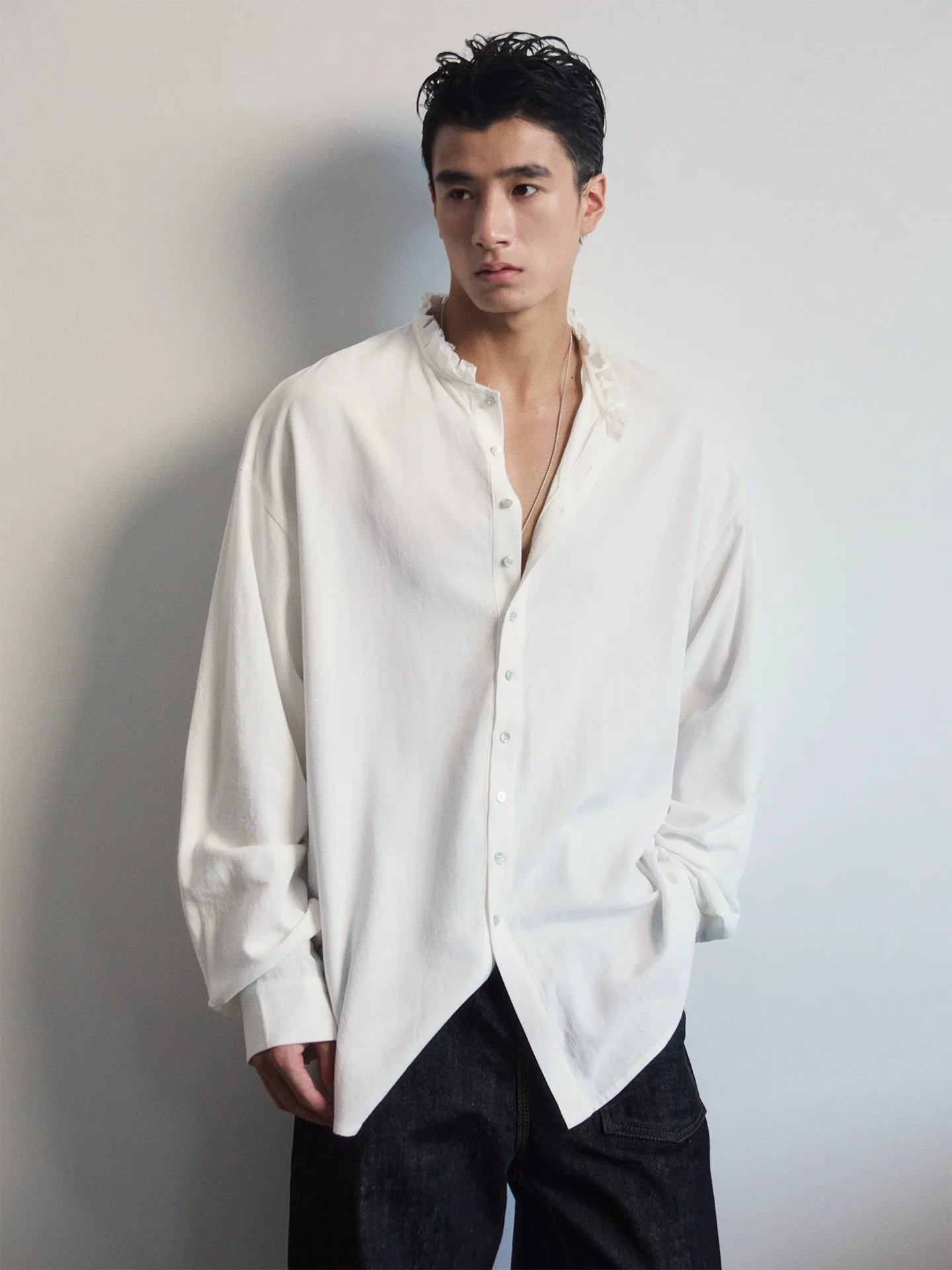 Linen-Cotton Band-Collar Shirt