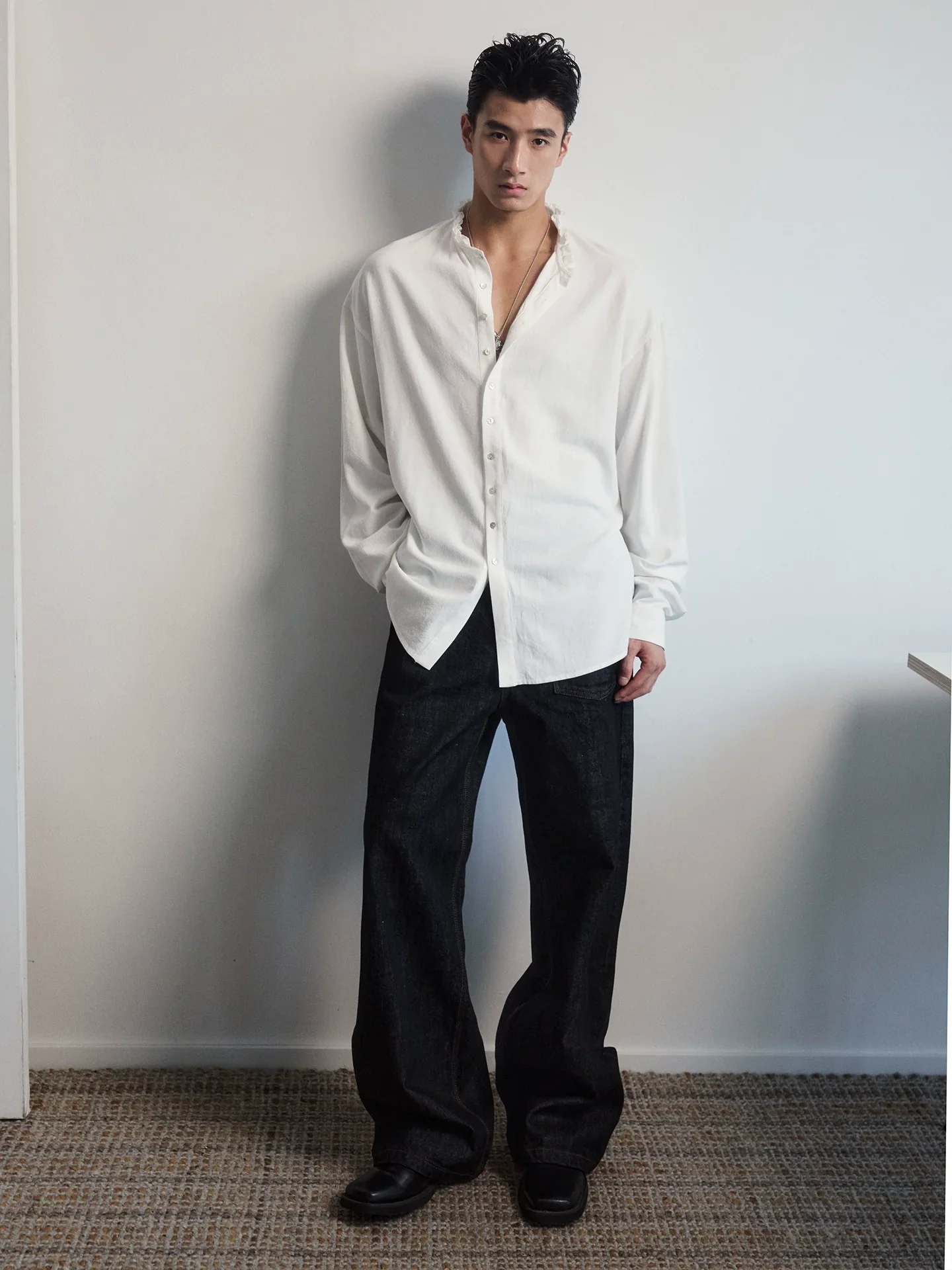 Linen-Cotton Band-Collar Shirt - Image 2