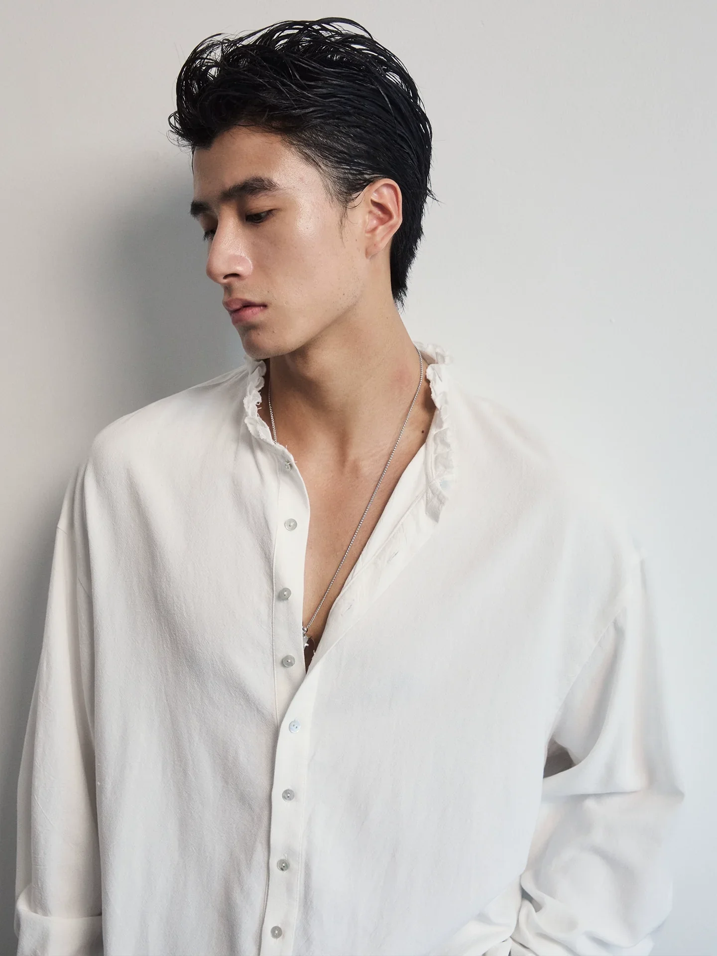 Linen-Cotton Band-Collar Shirt - Image 3