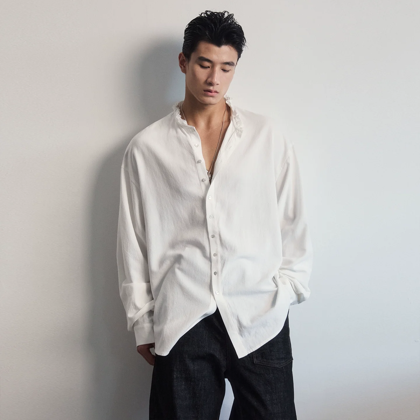Linen-Cotton Band-Collar Shirt - Image 5