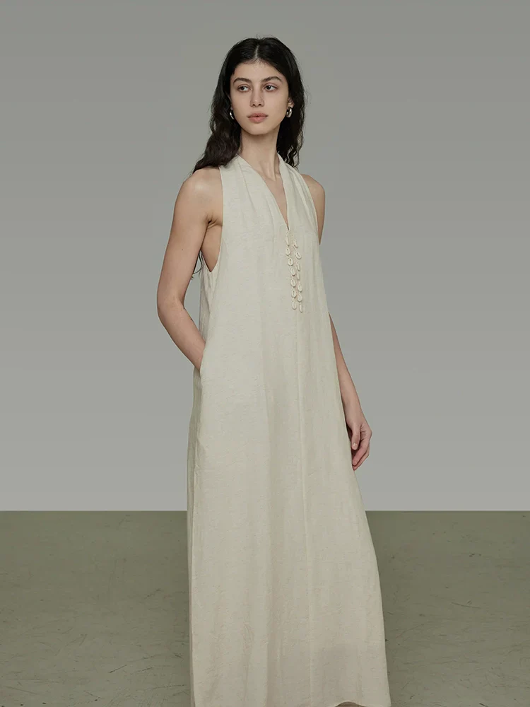 Linen Halter V-Neck Maxi Dress - Image 2