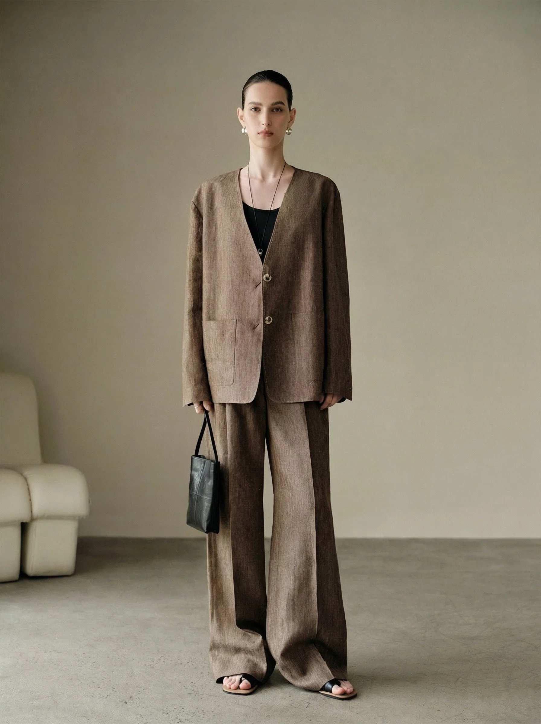 Linen-Hemp Collarless Suit Set