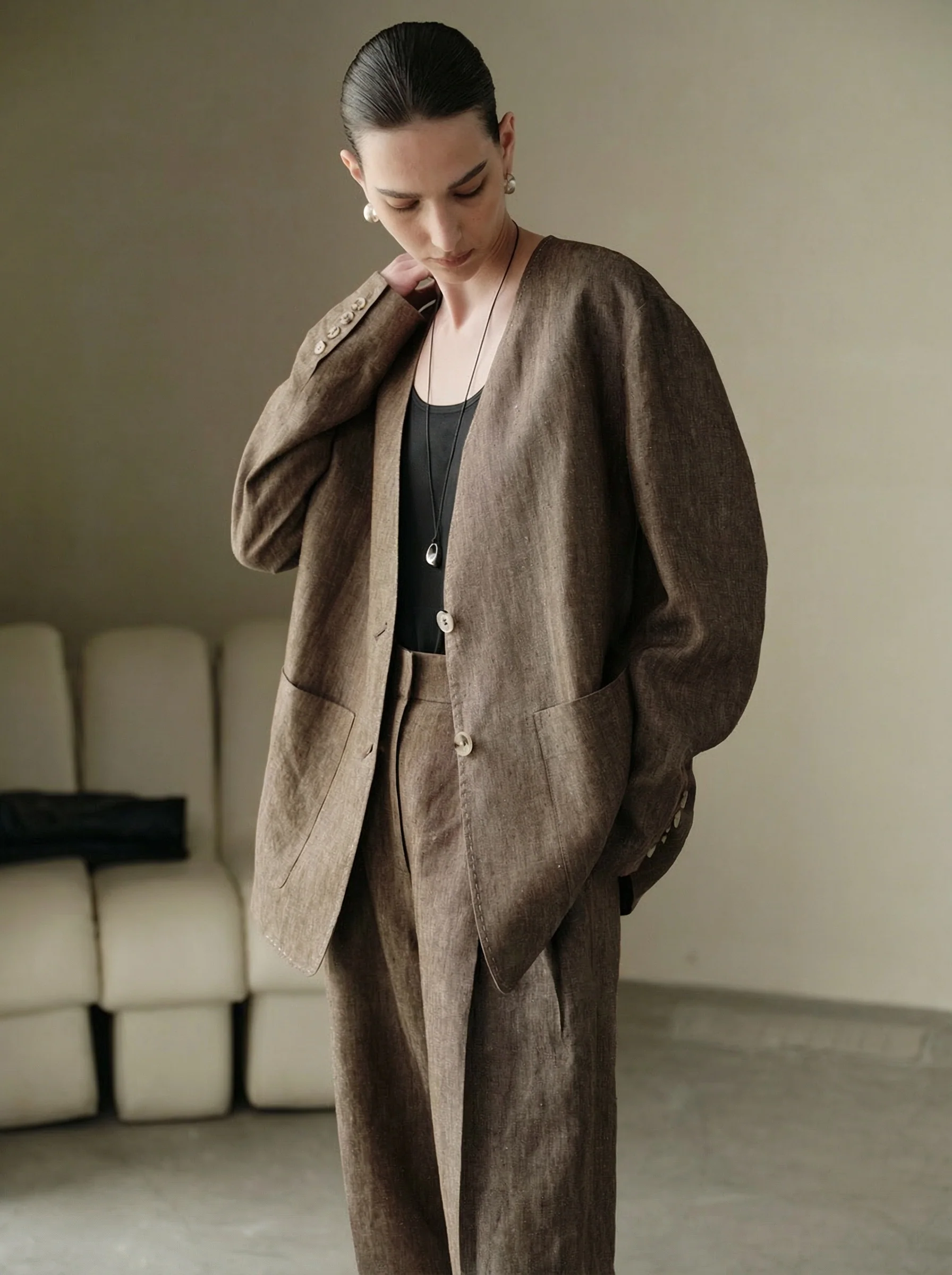 Linen-Hemp Collarless Suit Set - Image 3
