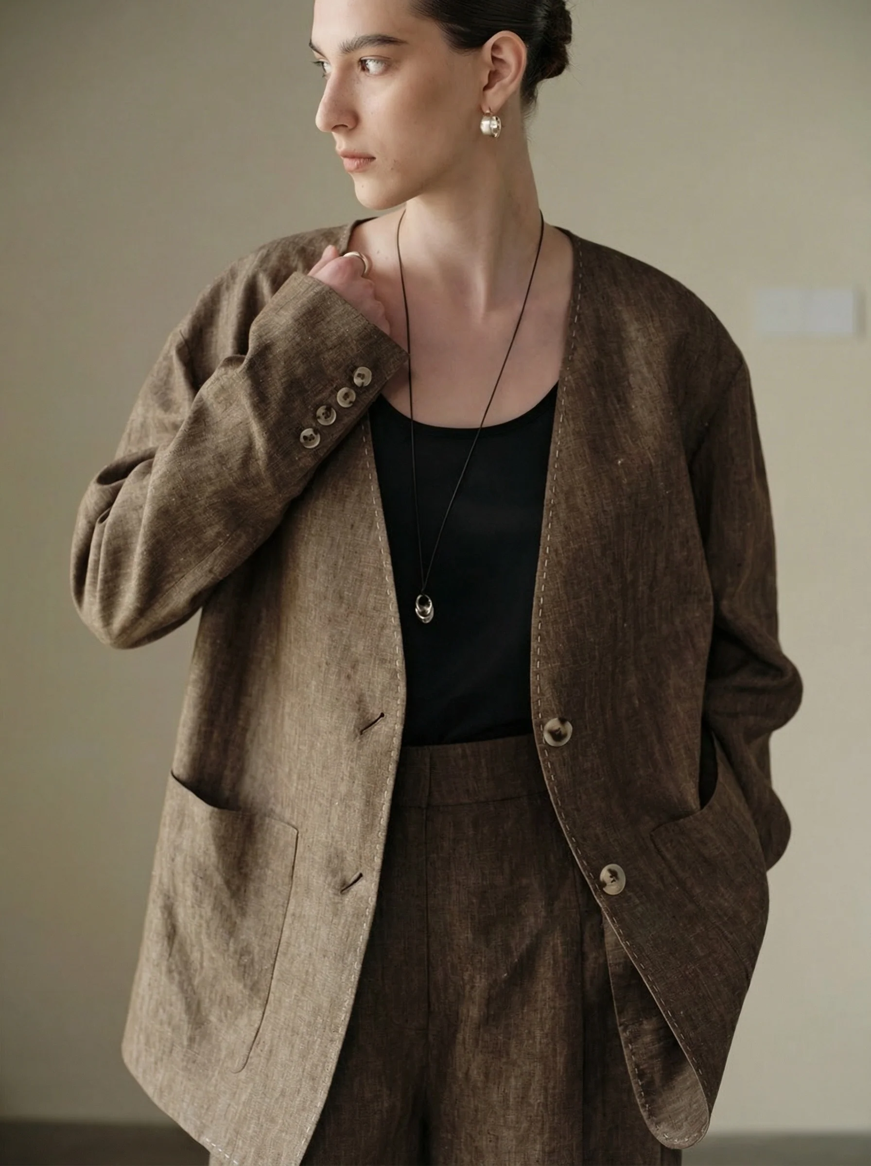 Linen-Hemp Collarless Suit Set - Image 7