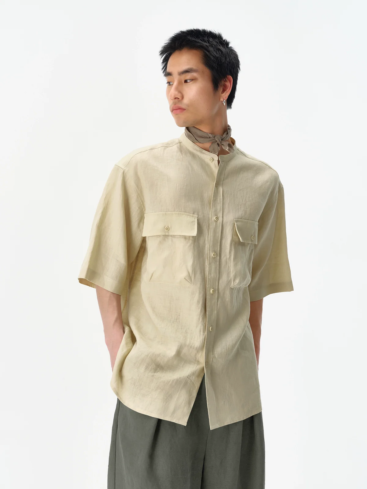Linen Mandarin Collar Short-Sleeve Shirt - Image 10
