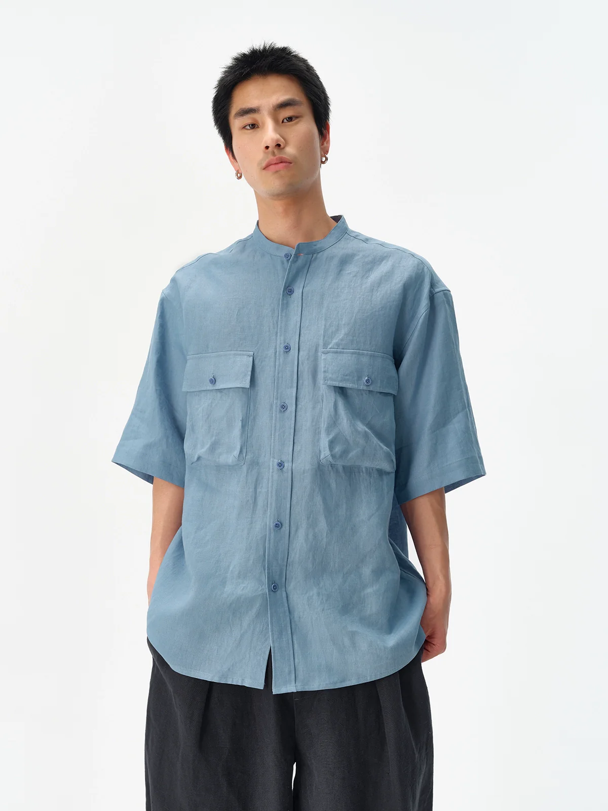 Linen Mandarin Collar Short-Sleeve Shirt - Image 6
