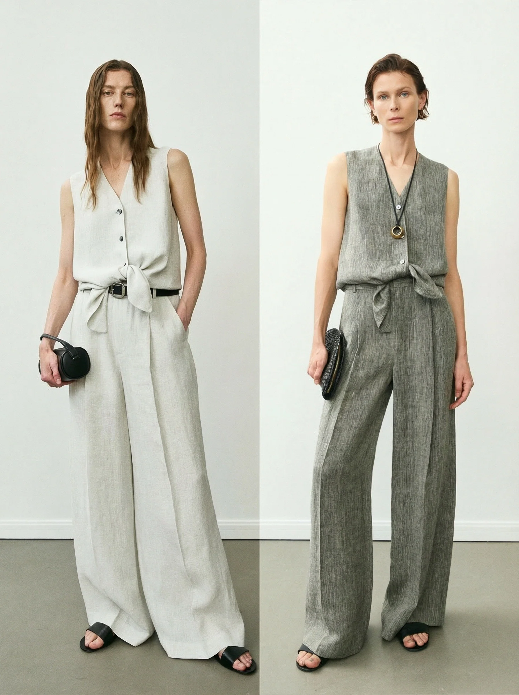 Linen Melange Tie-Front Vest & Wide-Leg Trousers Set - Image 4