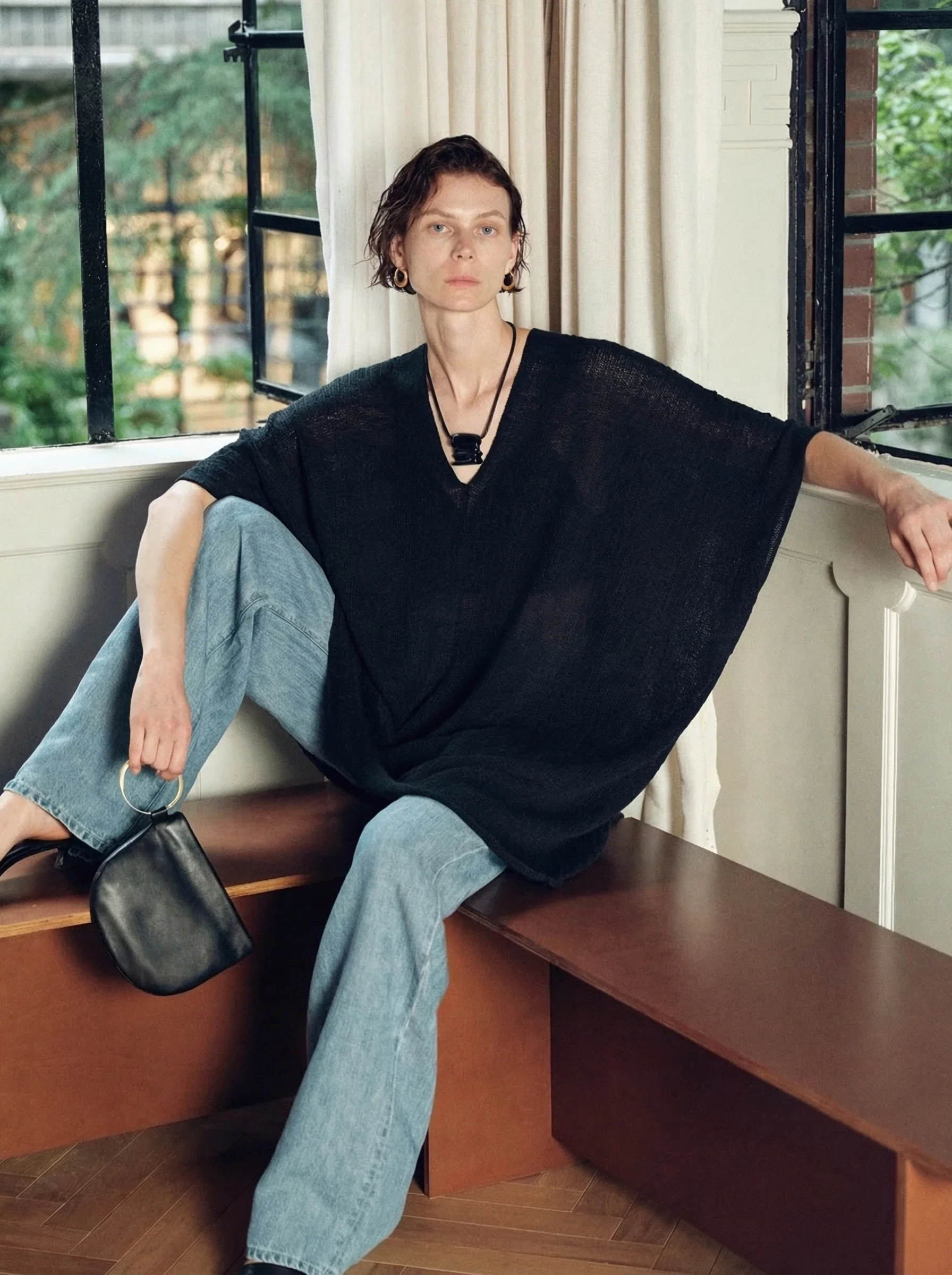 Linen Open-Knit V-Neck Poncho Top - Image 3