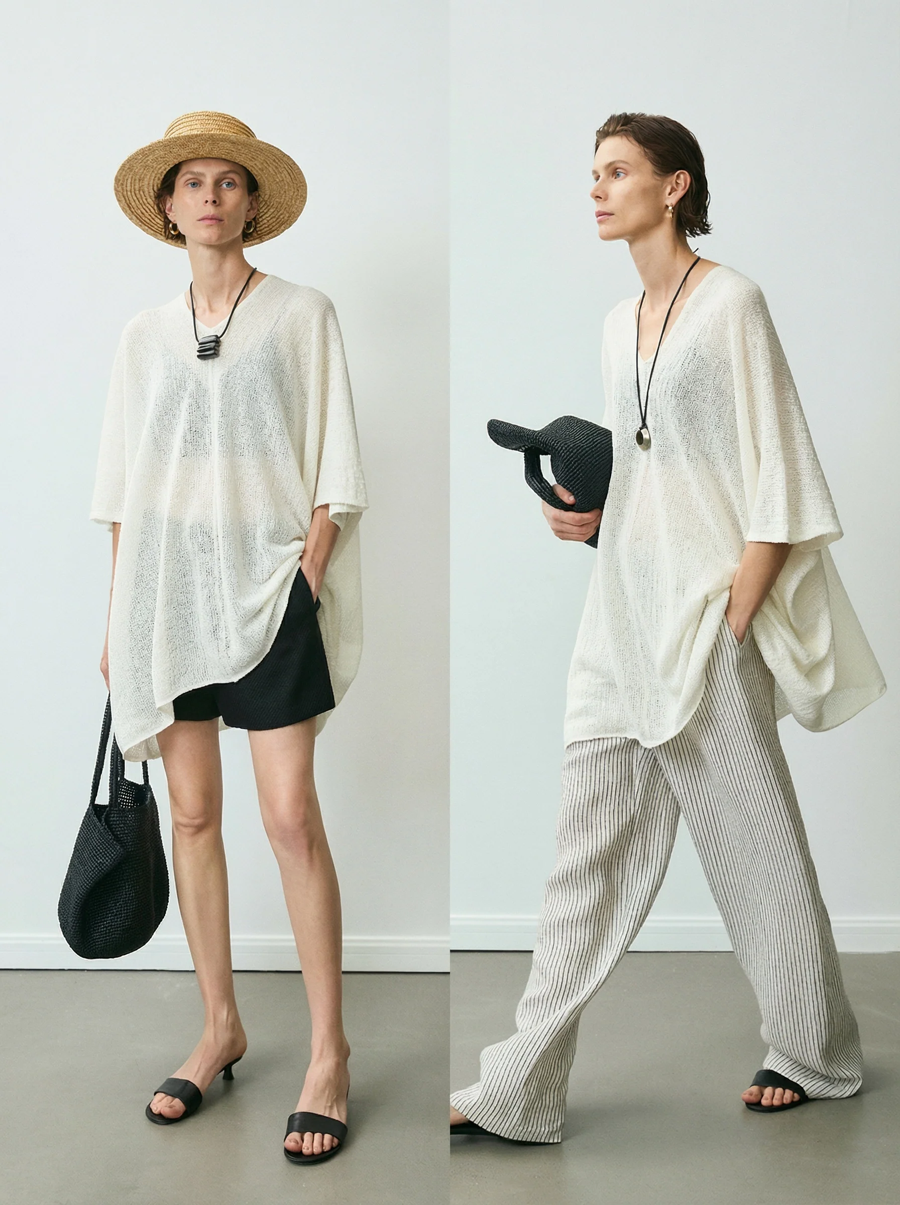 Linen Open-Knit V-Neck Poncho Top - Image 4