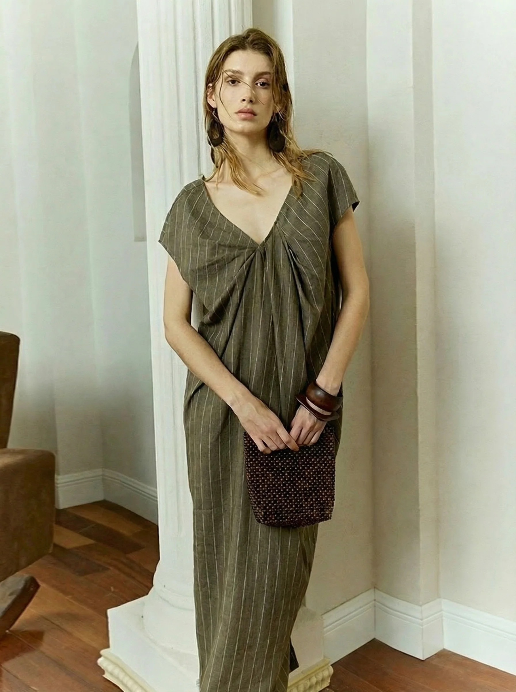 Linen Pinstripe V-Neck Maxi Dress - Image 6