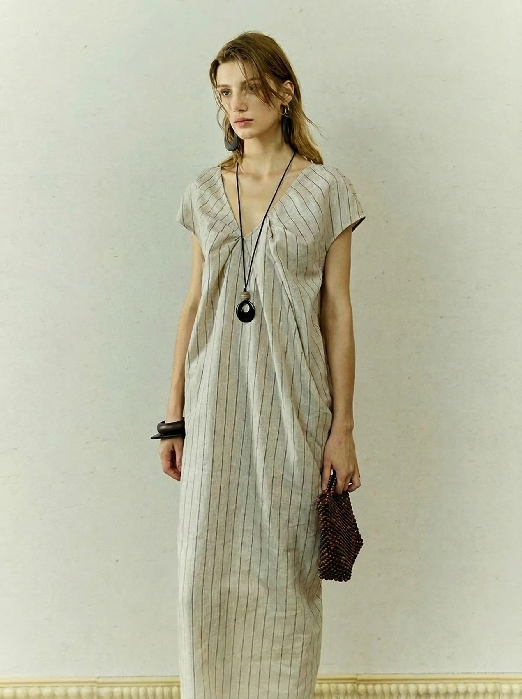 Linen Pinstripe V-Neck Maxi Dress - Image 7