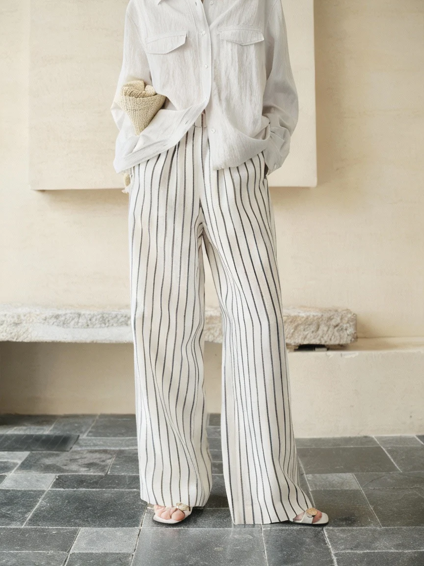 Linen Pinstripe Wide-Leg Pants - Image 3