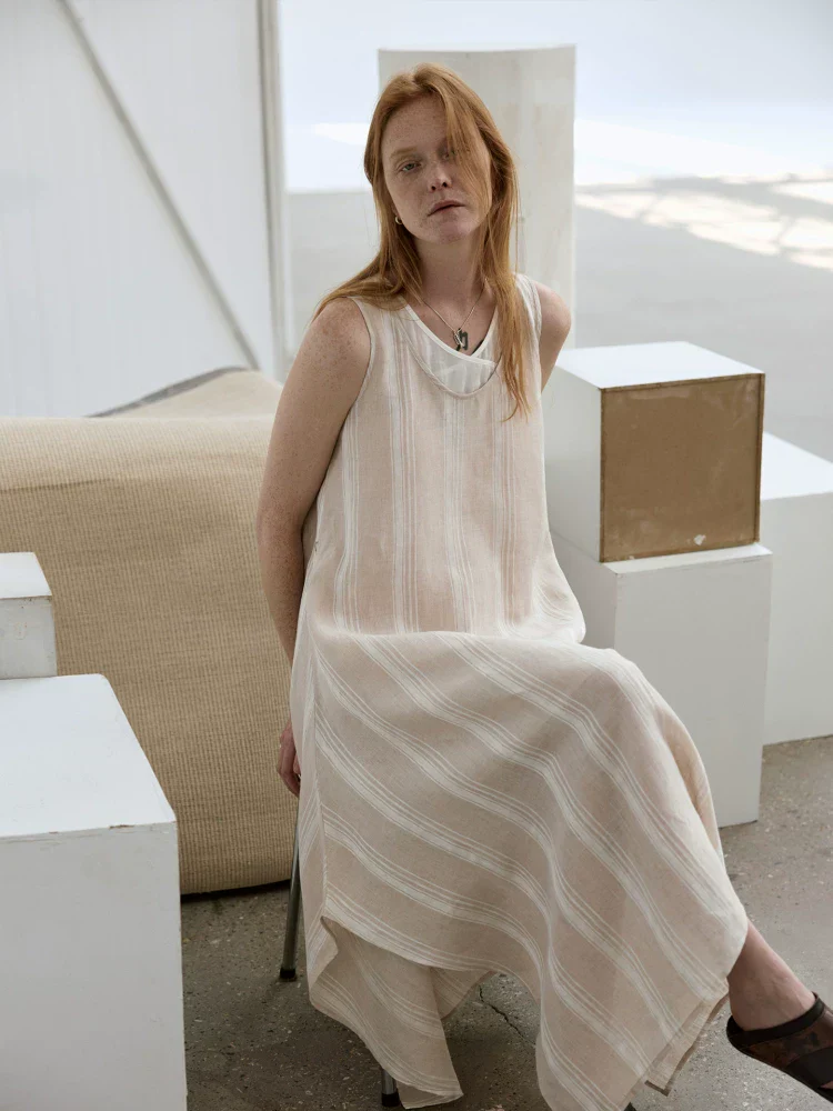 Linen Stripe Faux Two-Piece Maxi Dress