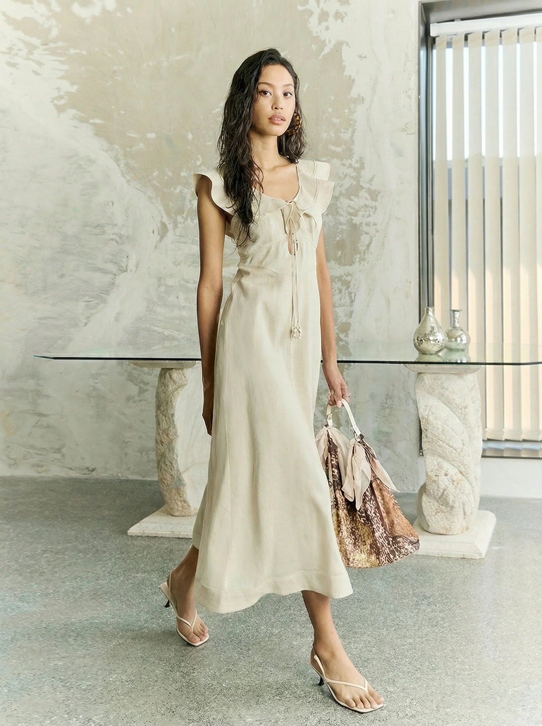 Linen Tie-Front Ruffle Midi Dress - Image 6
