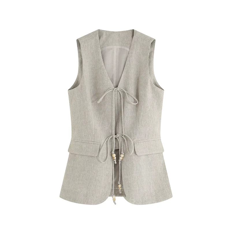 Linen Tie-Front Vest and Straight Skirt Set