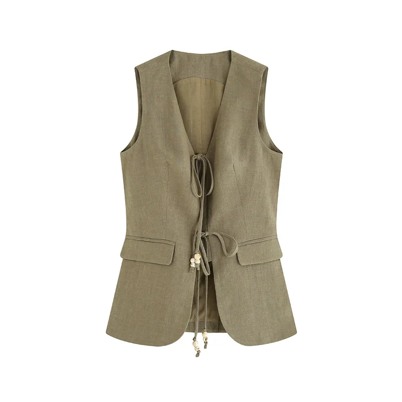 Linen Tie-Front Vest and Straight Skirt Set - Image 2