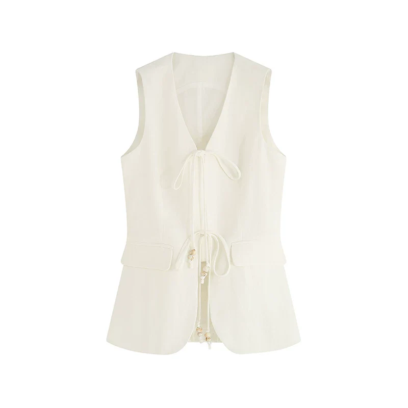 Linen Tie-Front Vest and Straight Skirt Set - Image 3