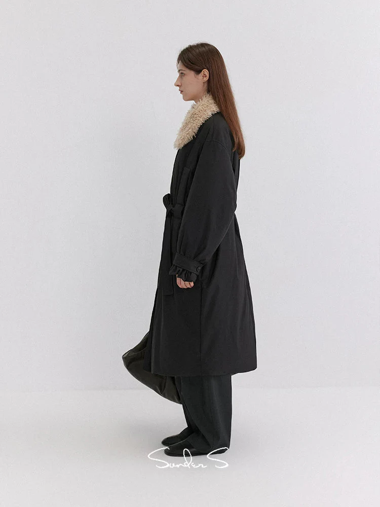 Long Down Coat with Detachable Faux Shearling Collar - Image 2