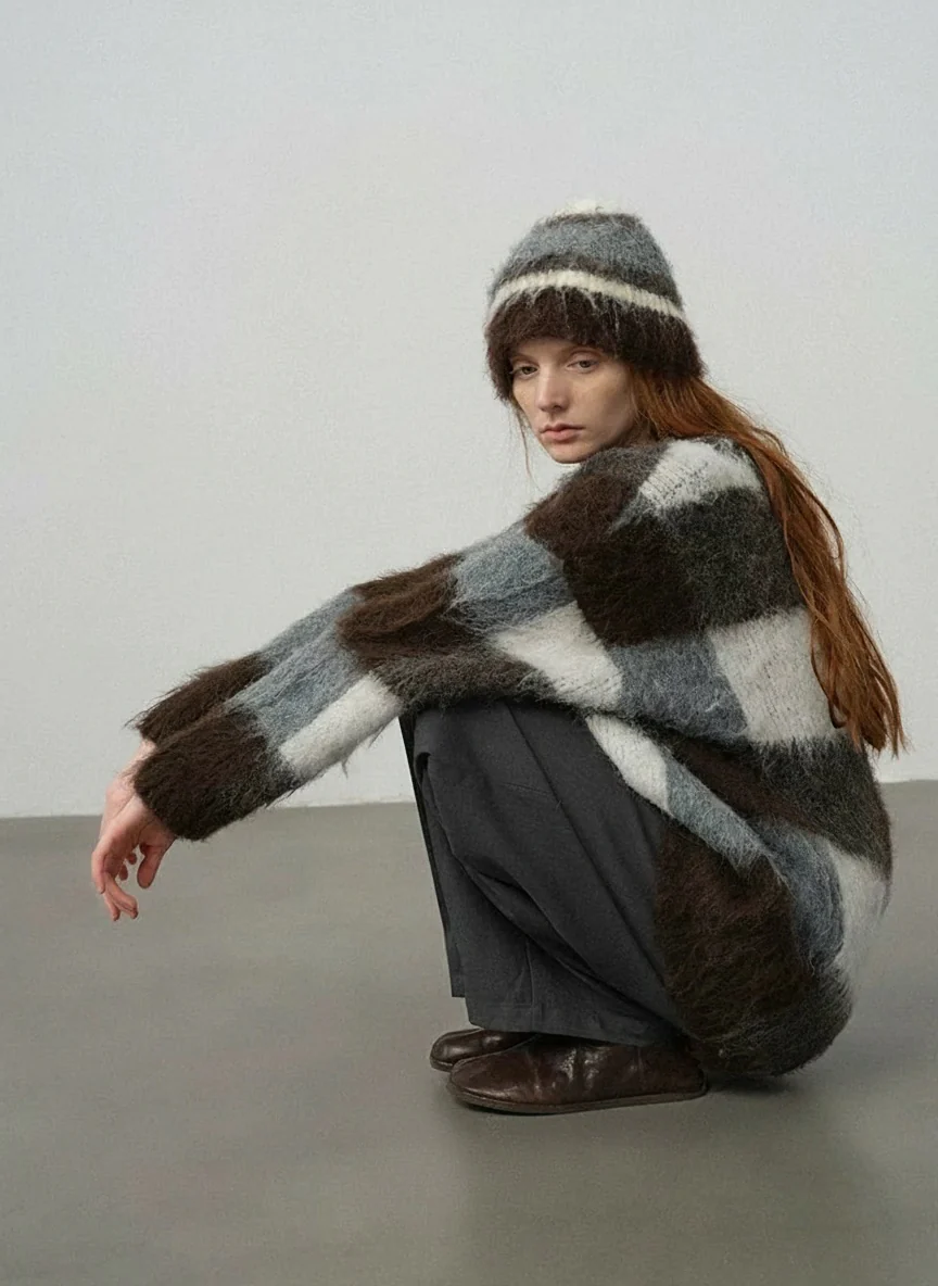Long-Hair Plaid Crewneck Sweater - Image 5