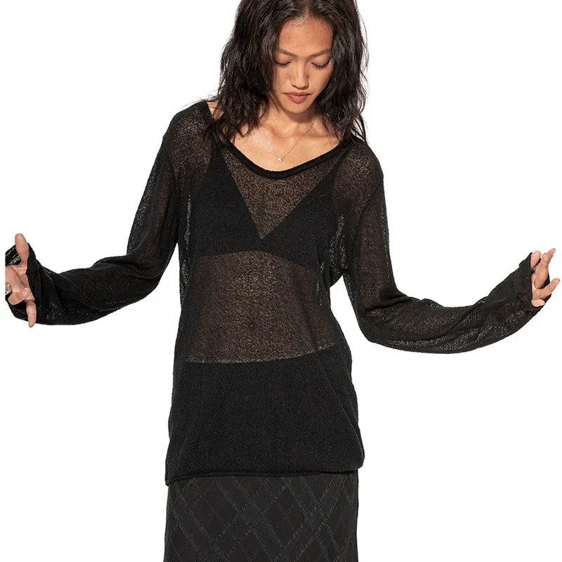 Long-Sleeve Sheer V-Neck Sweater