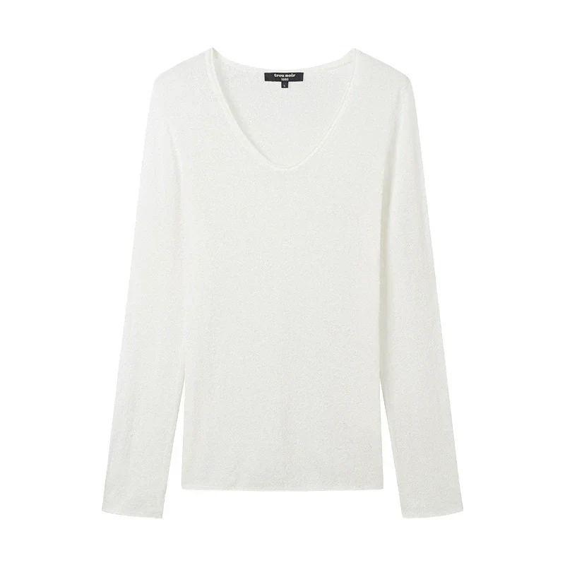 Long-Sleeve Sheer V-Neck Sweater - Image 5