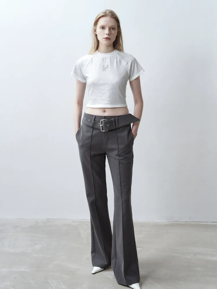 Low-Rise Flared Trousers with Belt - Image 3