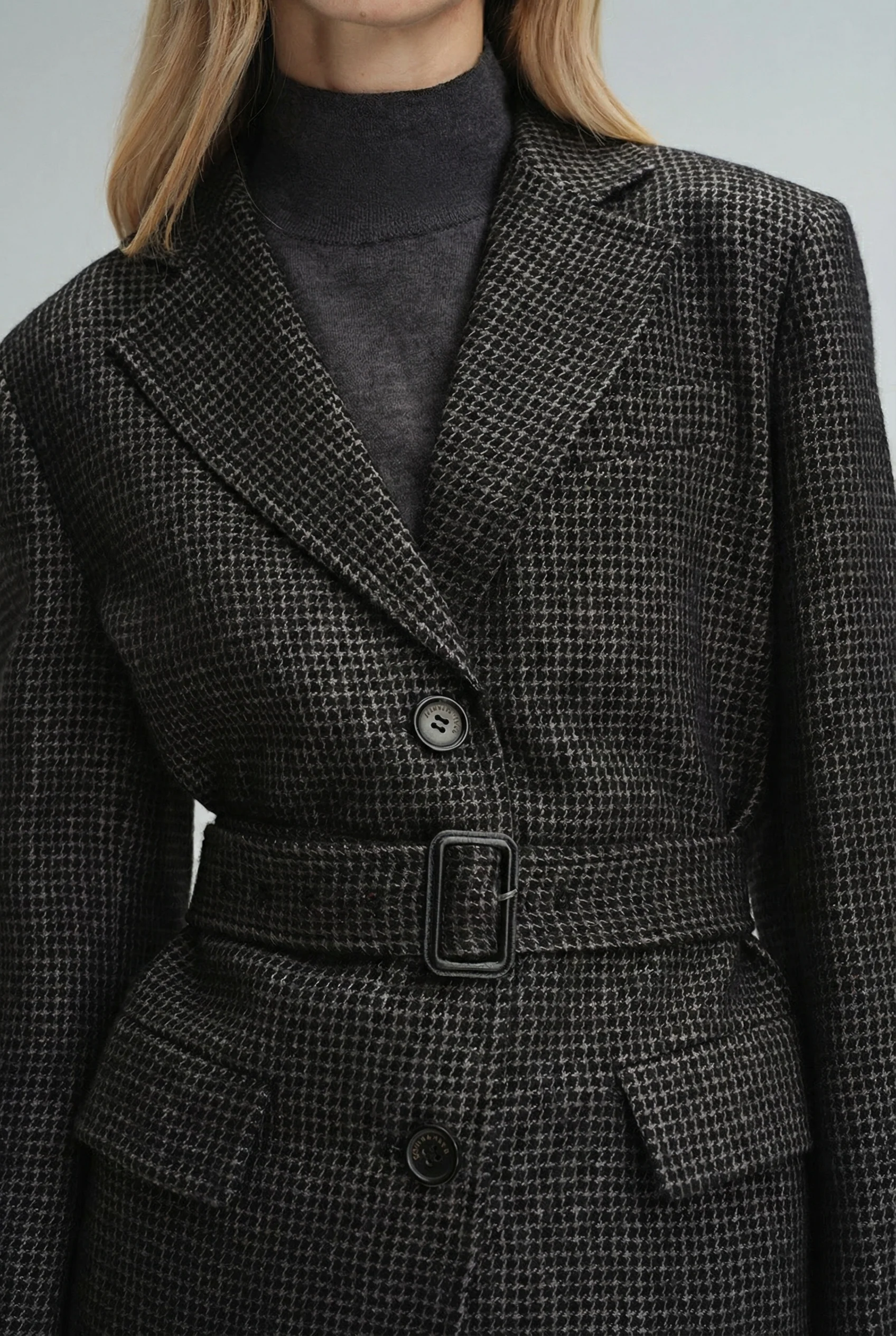 Madeline Micro-Houndstooth Wool-Blend Belted Blazer