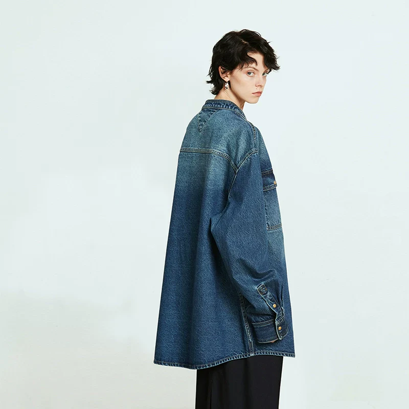 Mandarin Collar Denim Jacket - Image 3