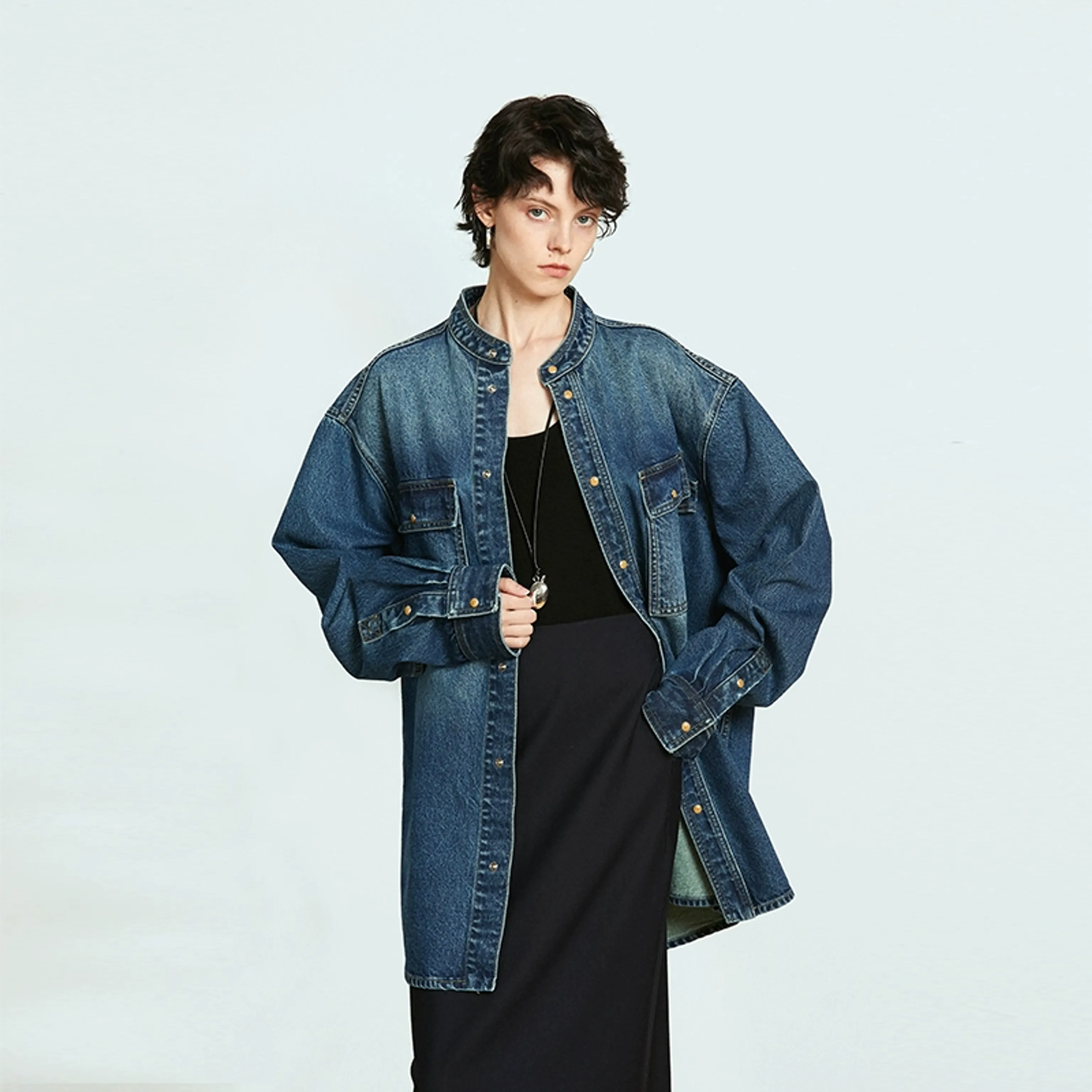 Mandarin Collar Denim Jacket - Image 5