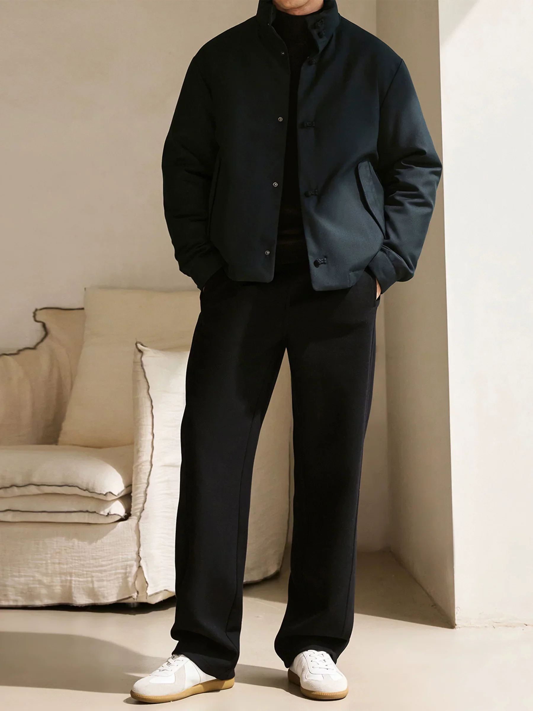 Mandarin Collar Wool Twill Down Jacket