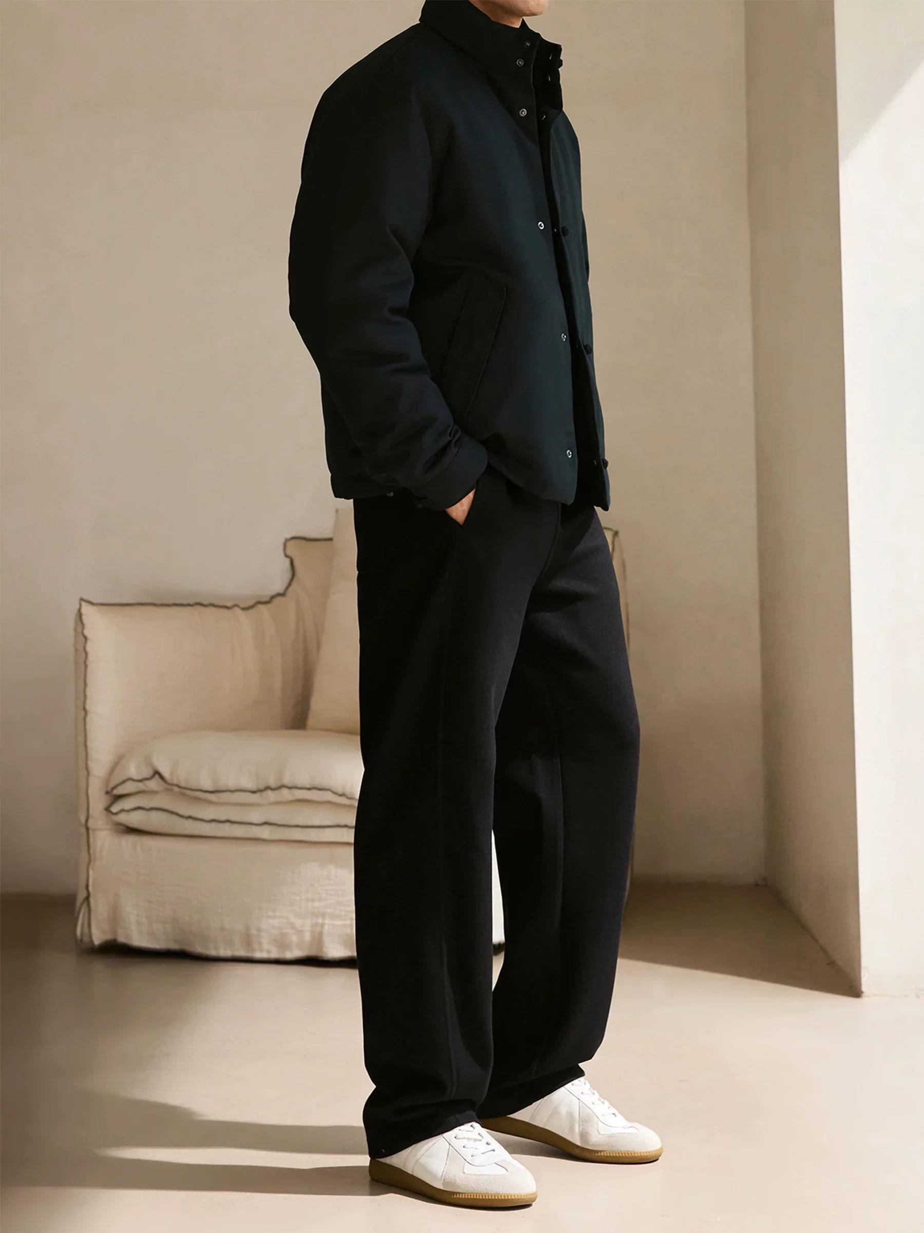 Mandarin Collar Wool Twill Down Jacket - Image 3