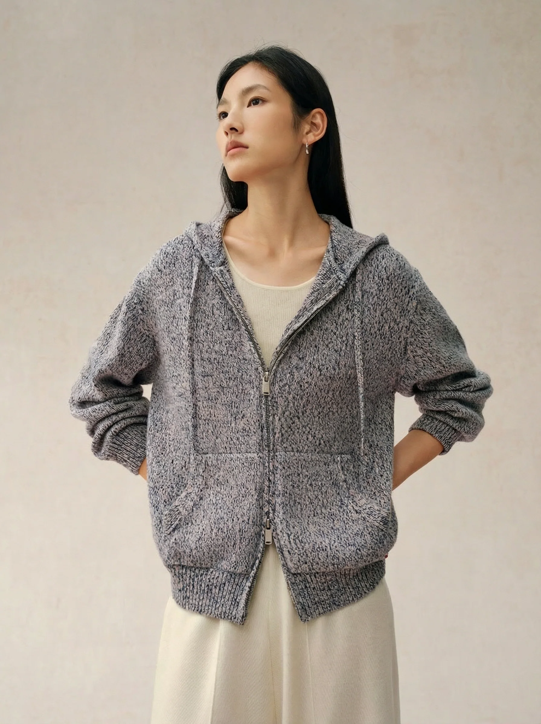 Marled Merino Wool Two-Way Zip Hooded Cardigan - Image 6