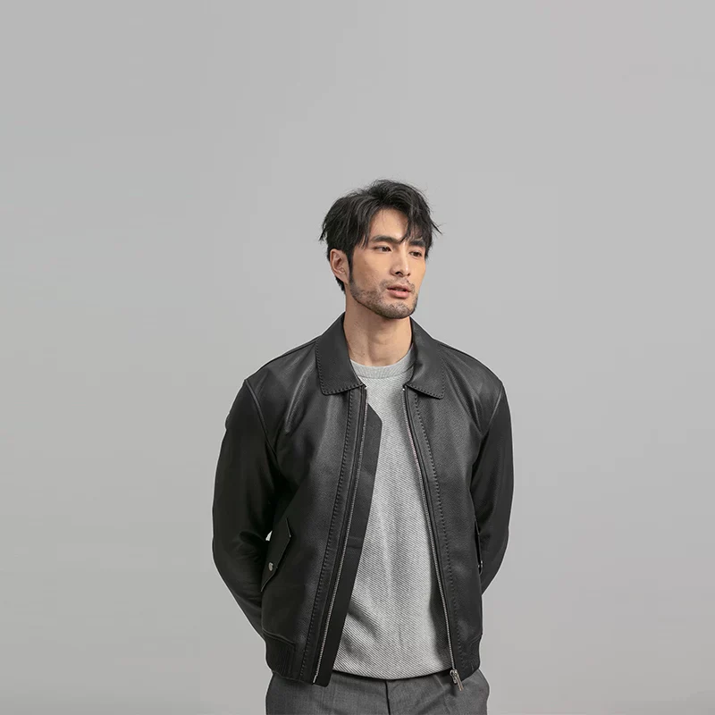 Matte Cowhide Leather Bomber Jacket - Image 5