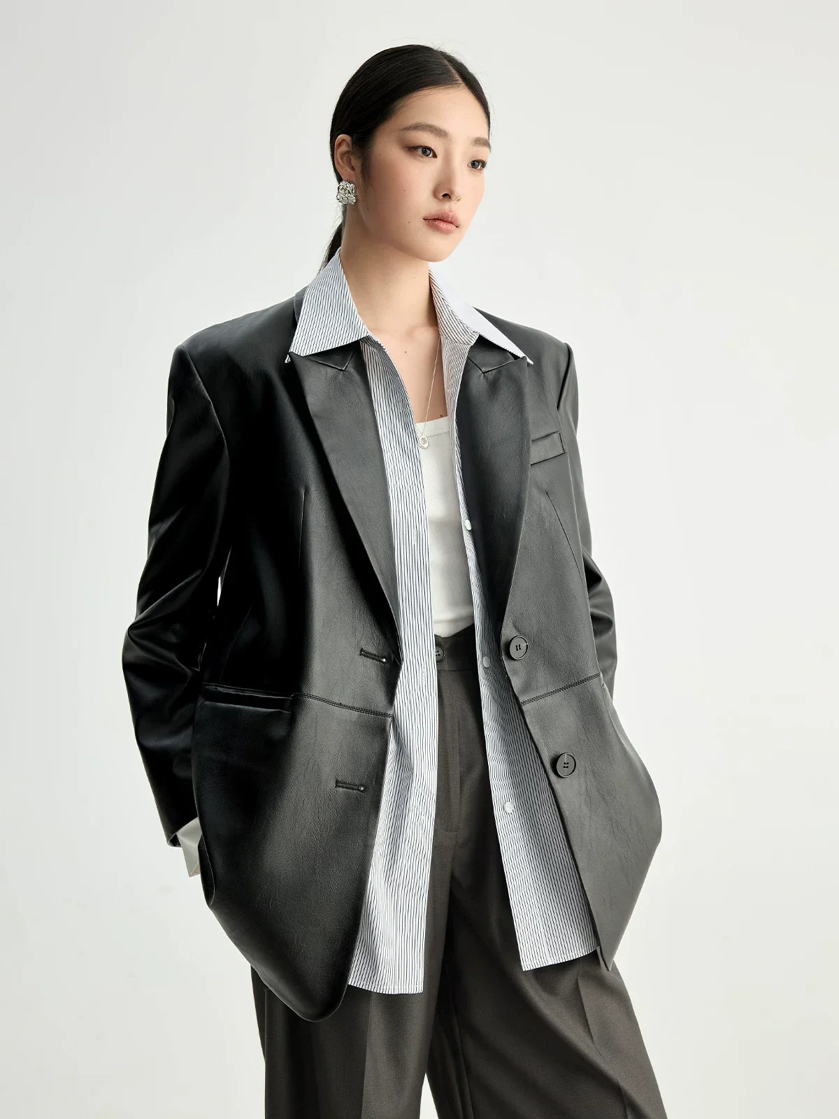 Matte Eco-Faux Leather Two-Button Blazer - Image 2