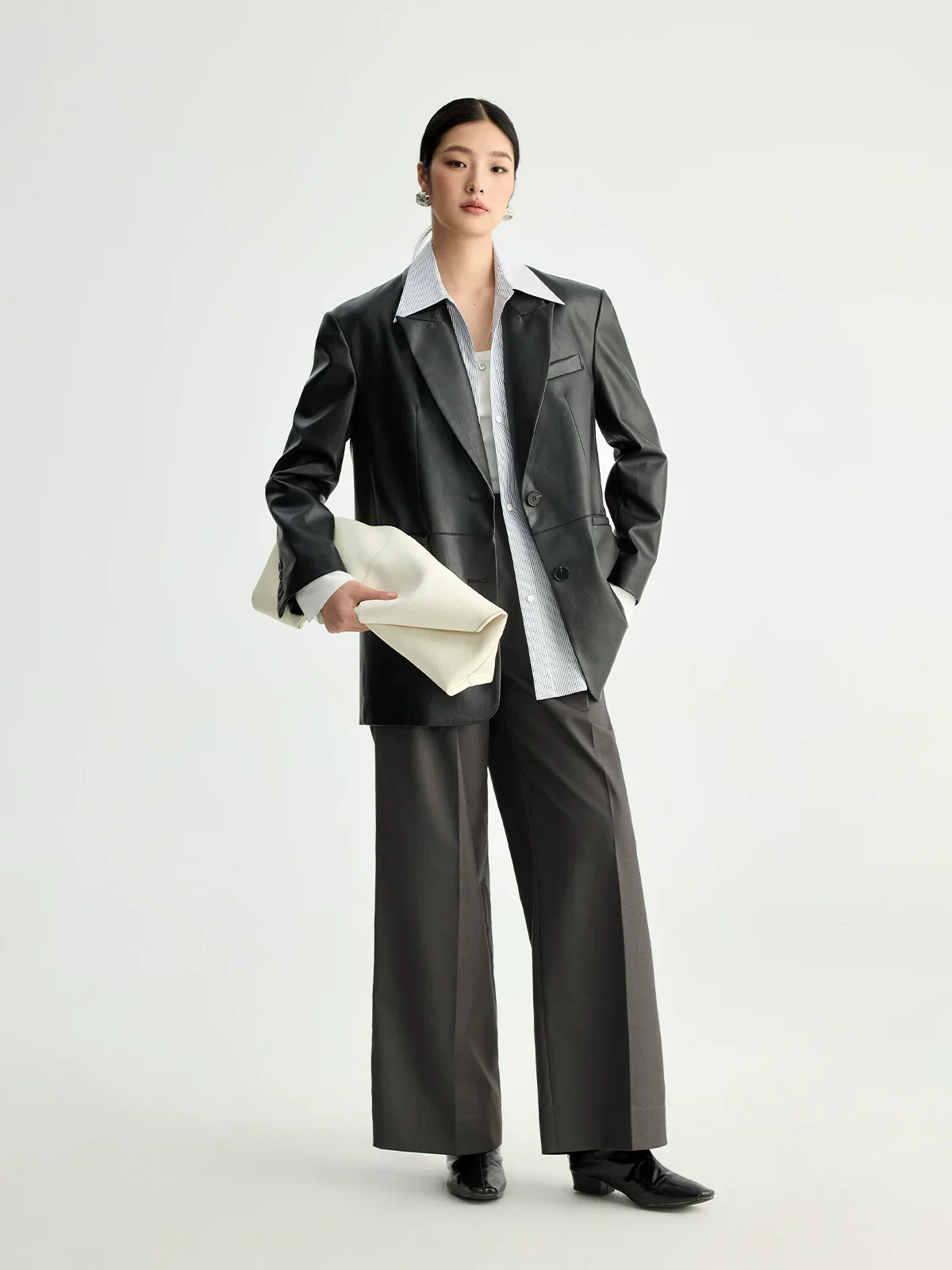 Matte Eco-Faux Leather Two-Button Blazer - Image 3
