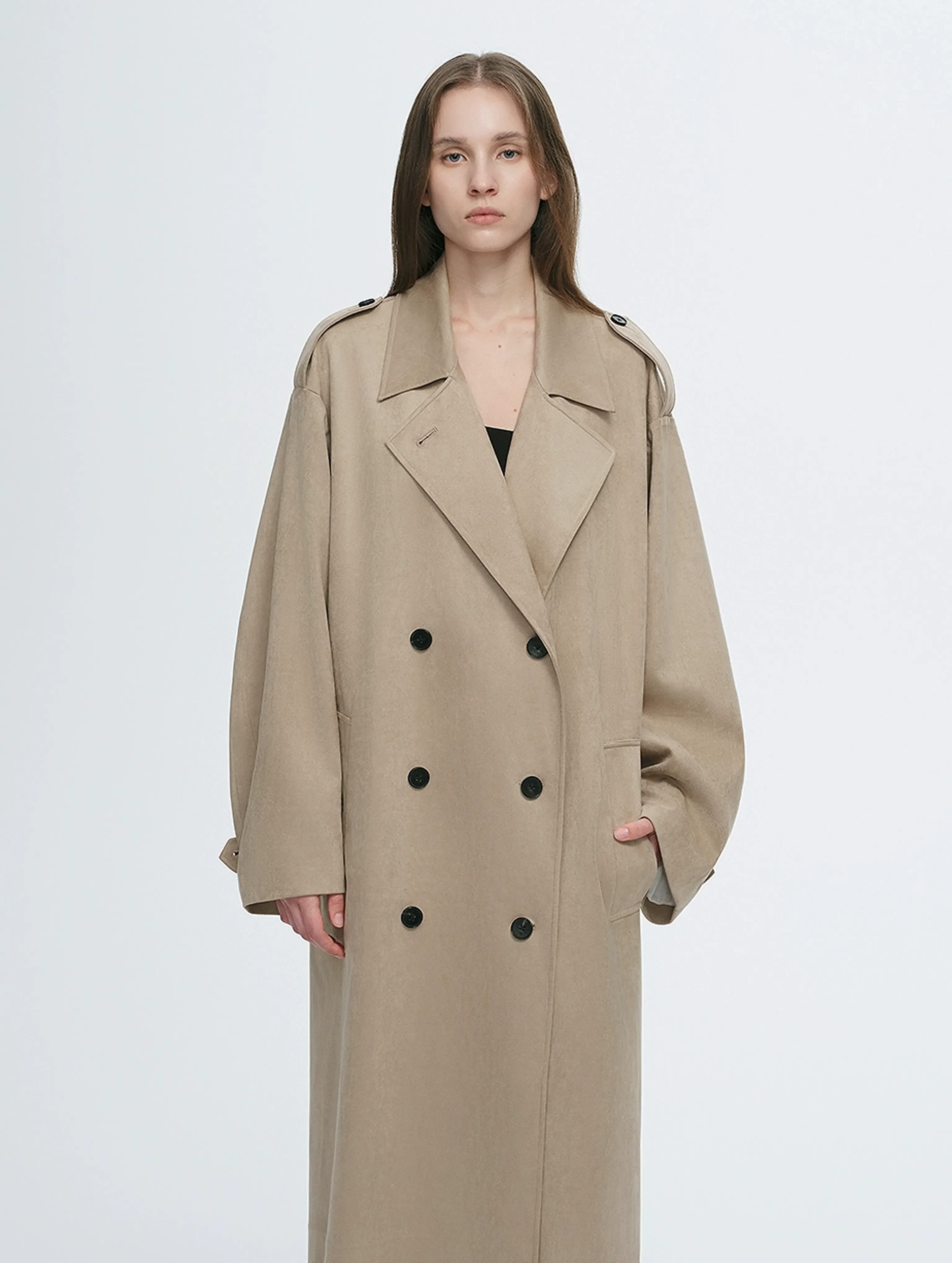 Matte Micro-Velvet Double-Breasted Long Trench Coat - Image 2